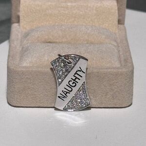 ✨ .925 Sterling Silver “Naughty” Dog Tag Charm with Pavé Crystals ✨